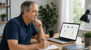 Mann arbeitet konzentriert im Homeoffice am Laptop und macht sich Notizen zum Thema Affiliate Marketing