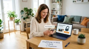 Mit Affiliate Marketing Geld verdienen: Frau sieht auf dem Laptop eine Produktempfehlung mit Partnerlink und auf dem Handy die Meldung über eine neue Provision