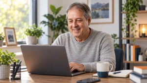 Mann arbeitet im Homeoffice am Laptop und baut nebenberuflich ein Affiliate-Marketing-Projekt auf