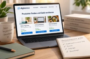 Laptop mit Digistore24-Produkten und Übersicht zur Auswahl von Affiliate-Partnerprogrammen