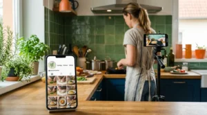 Anonym mit Instagram Geld verdienen: Smartphone zeigt ein Profil mit Kochvideos, auf denen nur Hände zu sehen sind, im Hintergrund kocht eine Frau von hinten gesehen