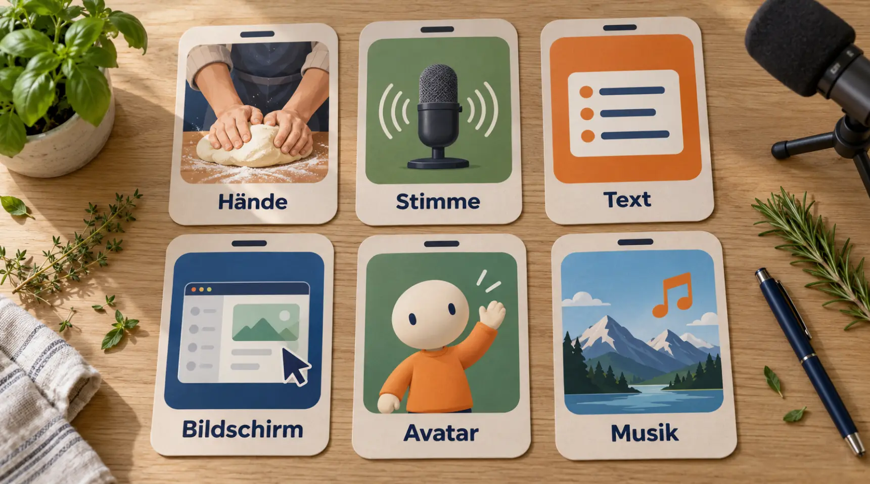Anonym mit Instagram Geld verdienen: Sechs Karten in Handyform zeigen die Formate Hände, Stimme, Text, Bildschirm, Avatar und Musik