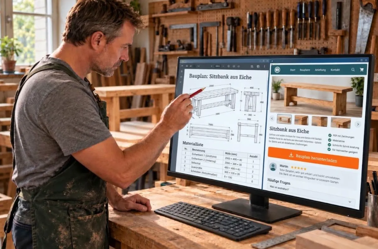 Digitale Produkte verkaufen mit eigenem Wissen: Mann prüft in seiner Holzwerkstatt einen Bauplan als PDF am Bildschirm