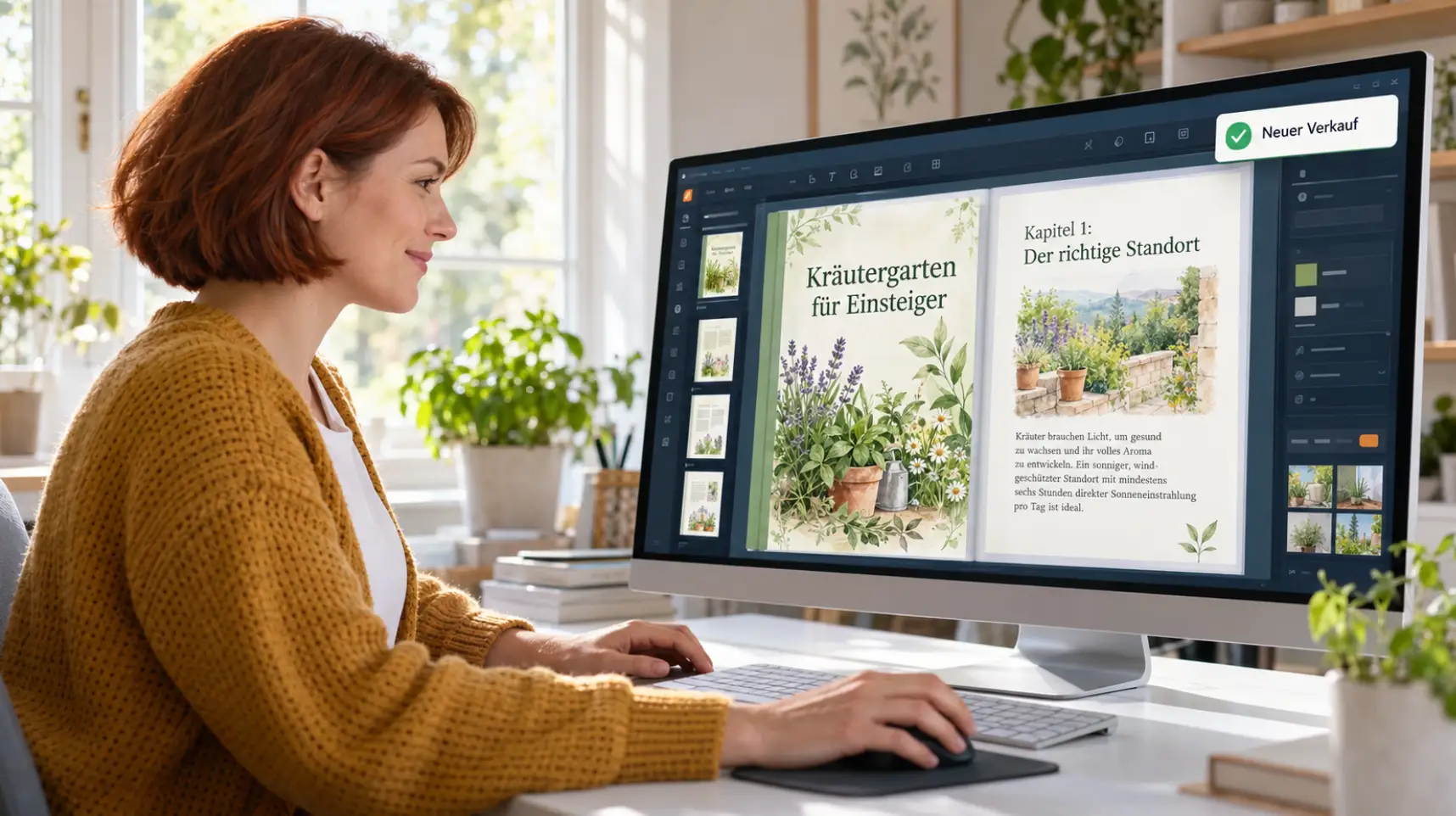 Digitale Produkte verkaufen: Frau gestaltet am Bildschirm ein E-Book und sieht die Meldung über einen neuen Verkauf