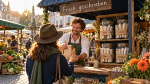 Mit ChatGPT Geld verdienen heißt Ergebnisse verkaufen: Marktstand mit Gläsern für Texte, E-Books, Ideen und Vorlagen