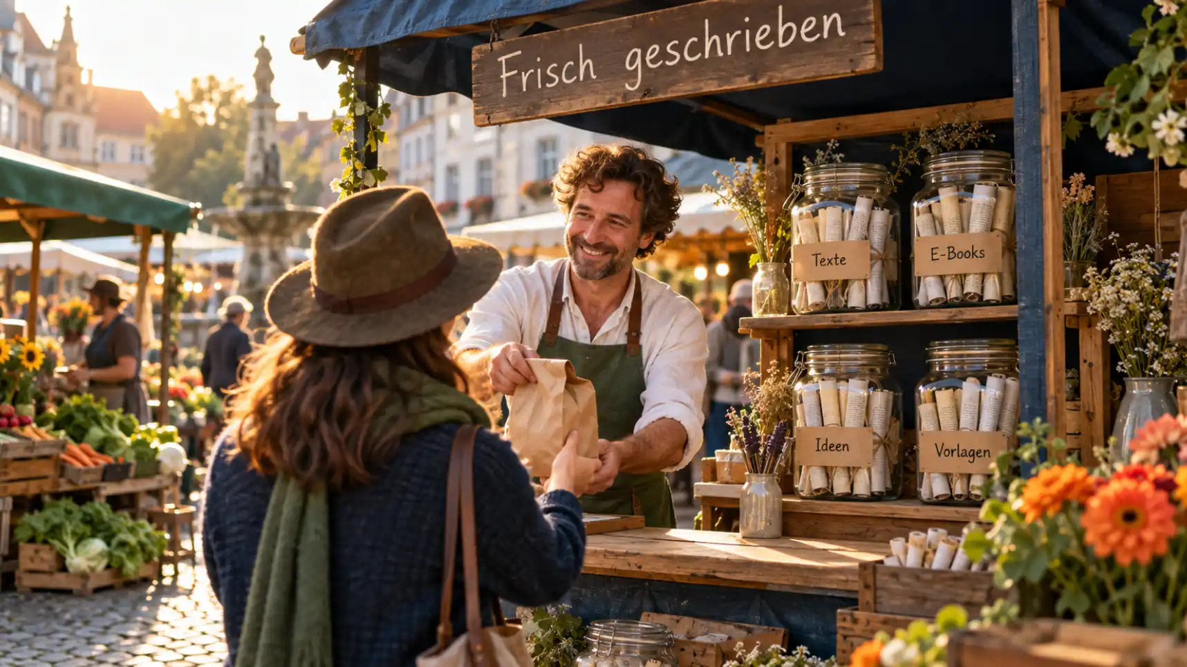 Mit ChatGPT Geld verdienen heißt Ergebnisse verkaufen: Marktstand mit Gläsern für Texte, E-Books, Ideen und Vorlagen