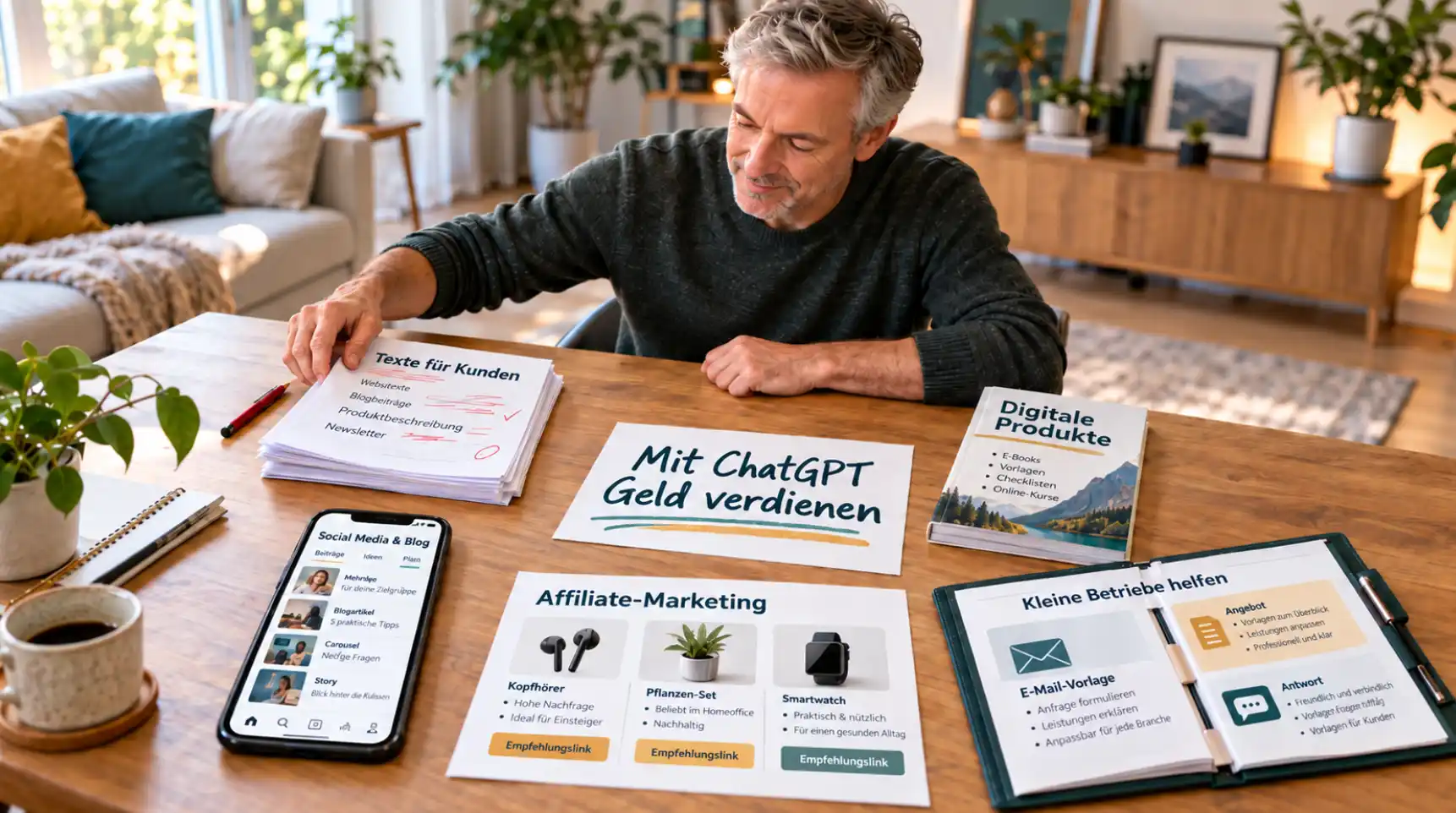 Mit ChatGPT Geld verdienen mit fünf Methoden: Mann sortiert am Tisch Unterlagen zu Kundentexten, digitalen Produkten, Social Media, Affiliate-Marketing und Hilfe für Betriebe