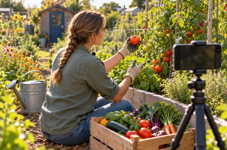 Mit dem Handy Geld verdienen: Frau filmt in ihrem Schrebergarten ein kurzes Video mit dem Smartphone auf einem Ministativ