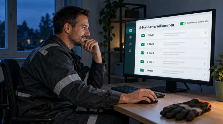 Nebenbei Geld verdienen nach Feierabend: Handwerker richtet am Bildschirm den automatischen Versand seiner E-Mails ein