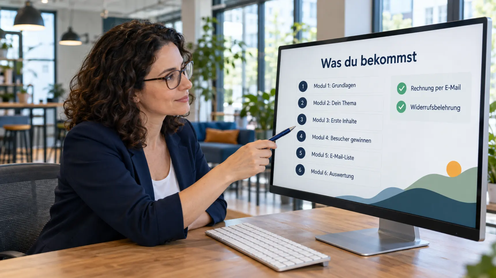 Online Geld verdienen seriös: Frau prüft am Bildschirm die Modulliste eines Onlinekurses