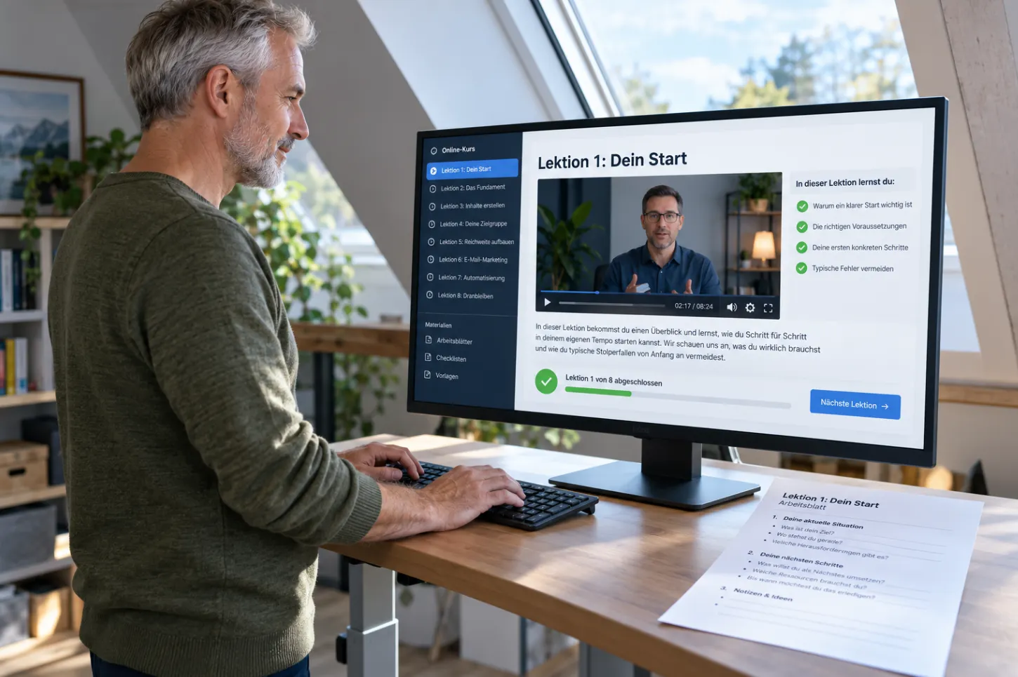 Online Geld verdienen seriös starten: Mann arbeitet am Bildschirm die erste Lektion eines Onlinekurses durch