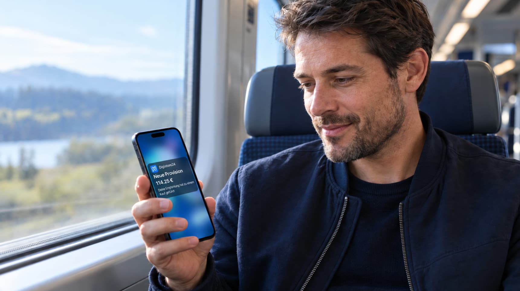 Online Geld verdienen: Mann sieht auf dem Smartphone die Nachricht über eine neue Provision