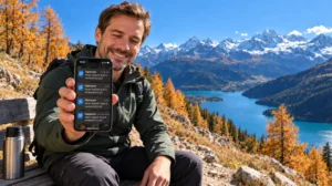Passives Einkommen aufbauen: Mann macht auf einer Wanderung Pause und sieht auf dem Handy Meldungen über neue Verkäufe