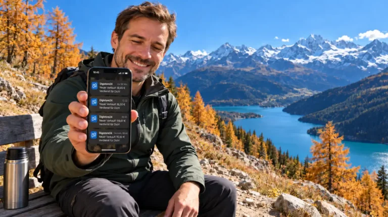 Passives Einkommen aufbauen: Mann macht auf einer Wanderung Pause und sieht auf dem Handy Meldungen über neue Verkäufe