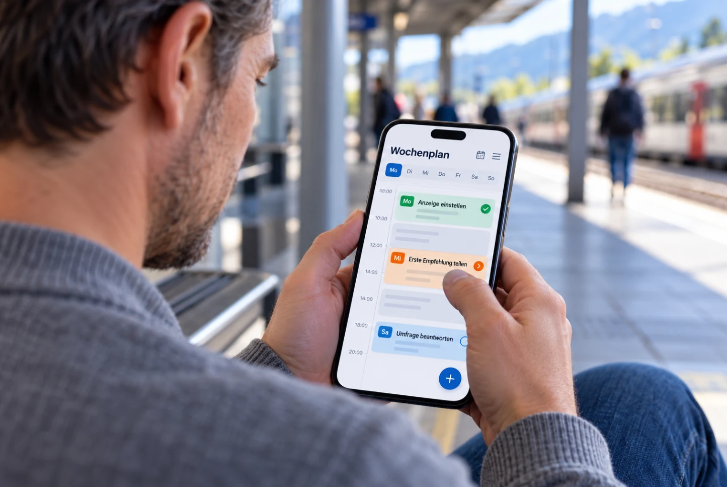 Schnell Geld verdienen mit Plan: Mann sieht am Smartphone seinen Wochenplan mit drei Methoden