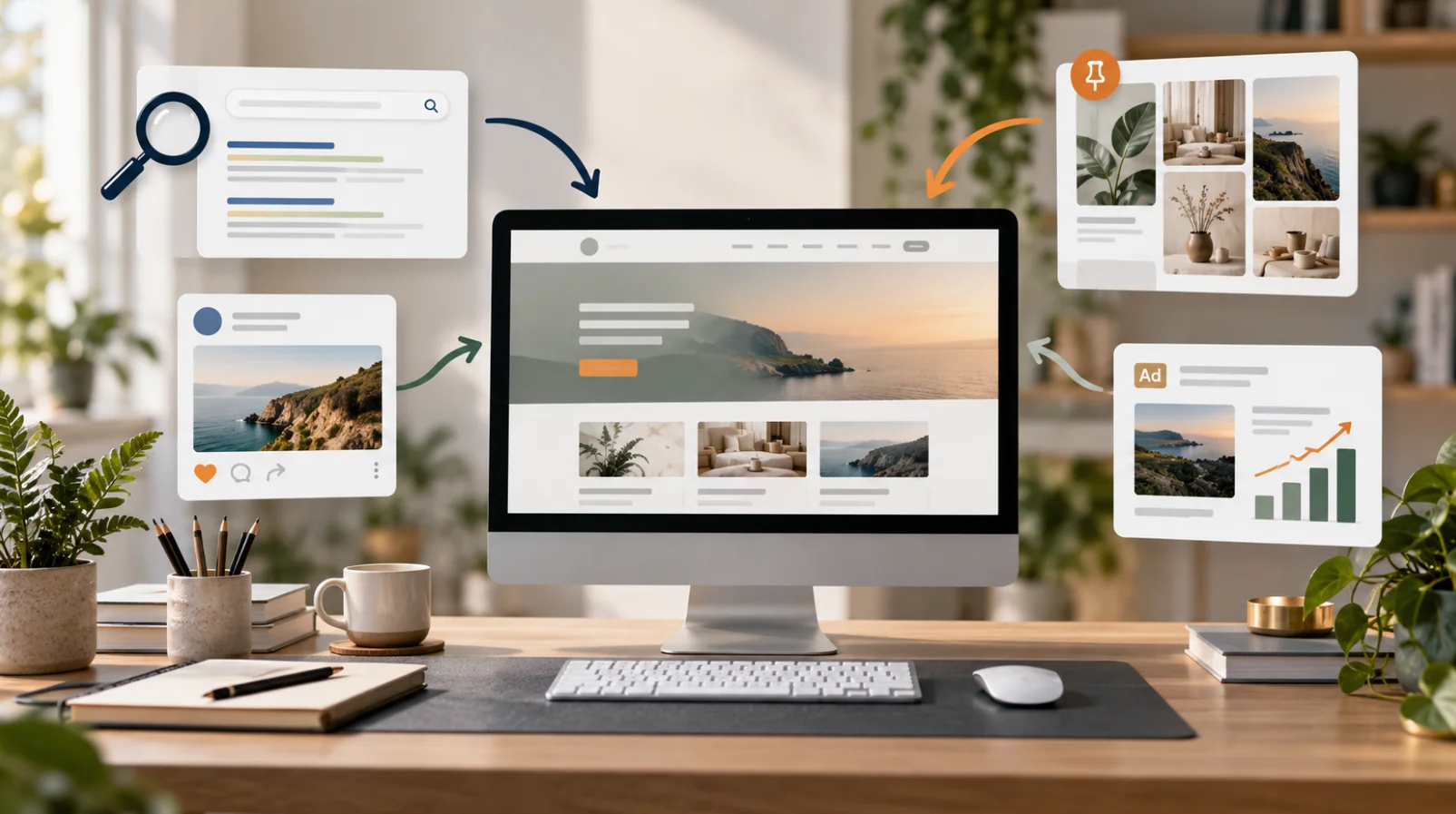 Verschiedene Trafficquellen wie SEO, Social Media, Pinterest und bezahlte Werbung führen auf eine zentrale Webseite